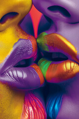 Wall Mural - Two women with colorful lips kissing. The image is a colorful and vibrant representation of love and affection