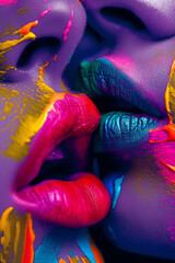 Wall Mural - A painting of two women kissing with colorful lips. The painting is vibrant and full of life, with the lips being the main focus. The colors used in the painting are bright and bold