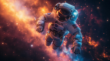 Wall Mural - Astronaut floating through space, vibrant colors, starry background, spaceship.