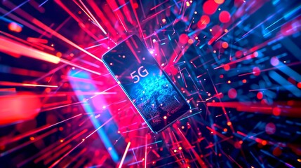 Aufkleber - Vivid 5G smartphone surrounded by glowing neon lights. Futuristic technology concept. Bright colors and dynamic style. Image showcases innovation and connectivity in the digital age. AI