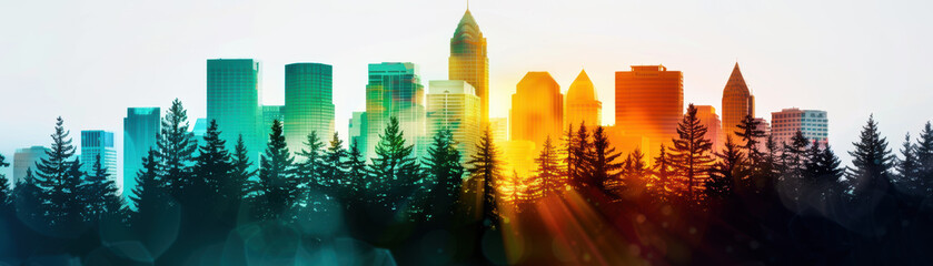 Wall Mural - A city skyline with a forest in the background