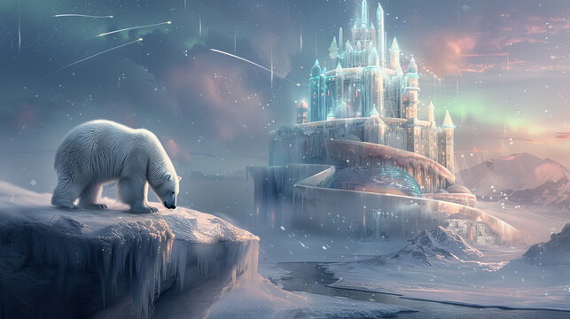 A polar bear standing on a cliff, looking at a distant, magical ice palace. 