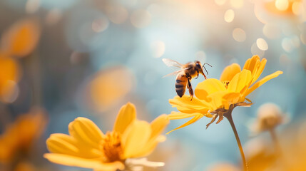 Poster - Bee collecting pollen at yellow flower Bee flying over the yellow flower in blur background : Generative AI