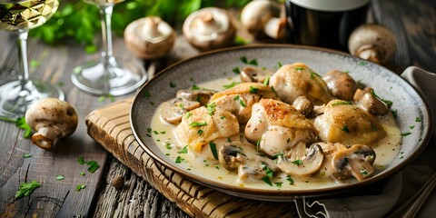 Canvas Print - Chicken Fricassee with White Wine Cream Sauce and Mushrooms Displayed on Table. Concept Chicken Fricassee, White Wine Cream Sauce, Mushrooms, Table Display, Gourmet Cooking