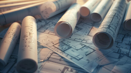 Overlapping architectural blueprints and rolled-up designs symbolize intricate planning and creative solutions in the realm of construction and design.