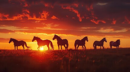 majestic horses silhouetted against vibrant sunset sky equine landscape