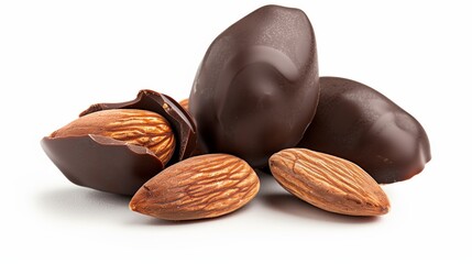 cracked chocolate-coated almond, with half of it showing the almond inside isolated on white background