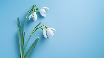 Aufkleber - Creative layout made with snowdrop flowers on bright blue  background Flat lay Spring minimal concept : Generative AI