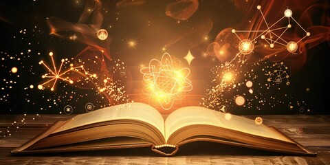 Wall Mural - An open book from which icons or representative images of science, history, technology 