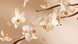 Flying vanilla sticks and orchid flowers on beige background : Generative AI
