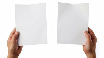 male hand holding two blank sheets of paper isolated on white background clipping path included