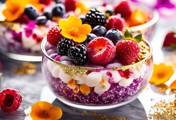 Wall Mural - colorful berries adorned frozen yogurt dessert, topping, vibrant, colors, sweet, treat, fruity, snack, creamy, cold, healthy, refreshing, summer, food