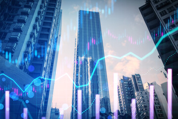 Poster - Skyscrapers with overlaid financial charts, creative double exposure concept on an urban background