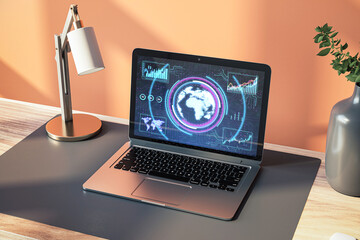 Poster - A laptop displaying futuristic holographic graphs and a world map on a desk, modern workspace concept, orange and gray tones. 3D Rendering
