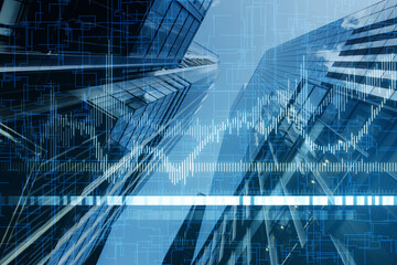 Canvas Print - Abstract image of buildings overlaid with financial data graphs, symbolizing real estate market analysis on a blue background