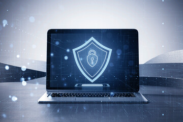 Poster - Laptop with digital holographic shield on abstract background, concept of cybersecurity. 3D Rendering