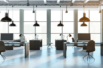 Poster - Modern office interior with desks, chairs, and hanging lamps, with large windows and a city view, concept of a workplace. 3D Rendering