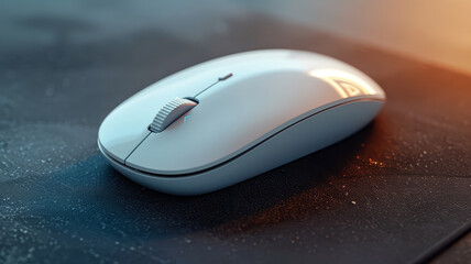 White wireless mouse on a black textured surface.