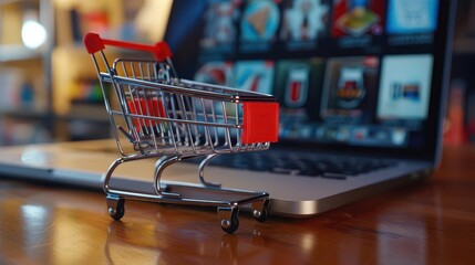 miniature shopping cart in front of laptop symbolizing online shopping concept ecommerce illustration
