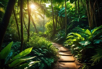 lush jungle path leading hidden beach through dense tropical greenery, adventure, exploration, discovery, journey, escape, getaway, wander, find, secret