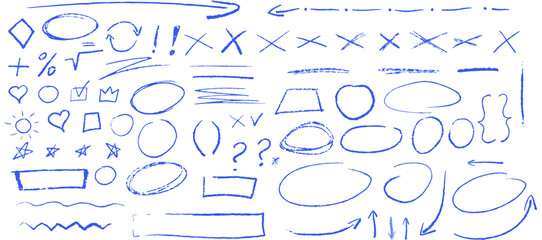 Wall Mural - blue underline pencil hand drawn various ellipses, punctuation marks, direction pointers, arrows, st