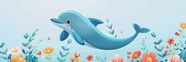 Wall Mural - Horizontal banner. World Whale and Dolphin Day. Flat illustration. Cute dolphin swims in the sea, blue background with red flowers. Marine animal protection concept. Free space for text