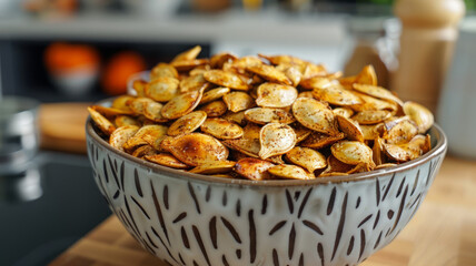 Wall Mural - A bowl of roasted pumpkin seeds on a wooden table.