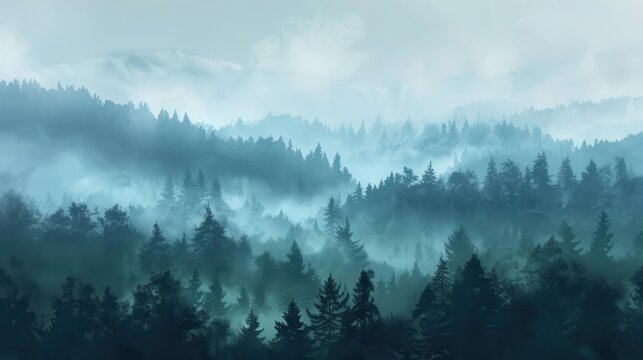 misty forest landscape with rolling hills and dense fog tranquil morning atmosphere digital painting
