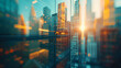 © SashaMagic - Cityscape at sunrise with reflections on modern glass buildings