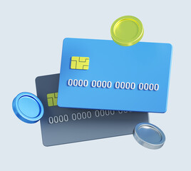 Poster - 3d icon of credit cards with money. 3d illustration for finance and banking on white background. simple 3d rendering of bank card with coins