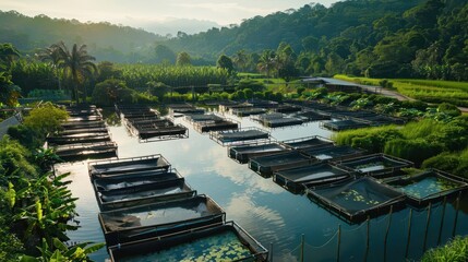 Wall Mural - modern aquaculture farm with rows of sustainable fish tanks nestled in lush green surroundings showcasing ecofriendly fish farming practices