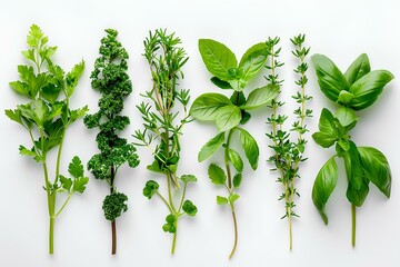 Wall Mural - A row of different types of herbs on a white surface