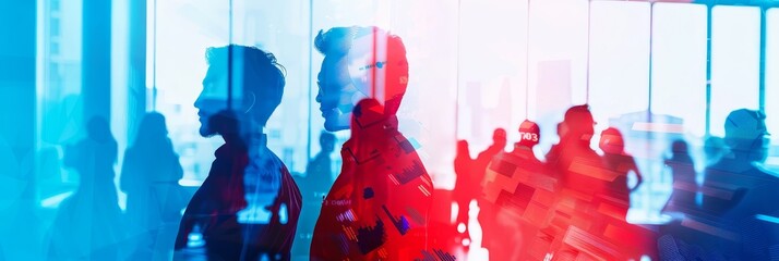 Wall Mural - Double exposure image of programmers or software developers celebrating with a red,white,and blue color scheme background. The design represents creativity,innovation.