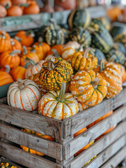 Wall Mural - Various colorful pumpkins in a wooden crate at a market