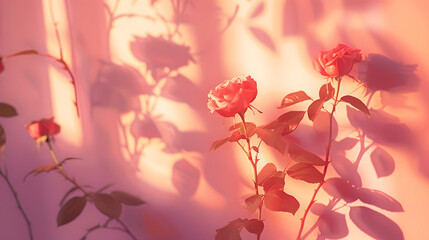 Aufkleber - Natural flower shadows are blurred on light pink rose and mauve color wall at home at sunrise : Generative AI