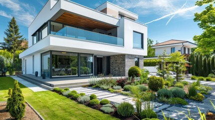 Wall Mural - modern luxury twostorey residence with contemporary architecture and landscaped garden highend property design