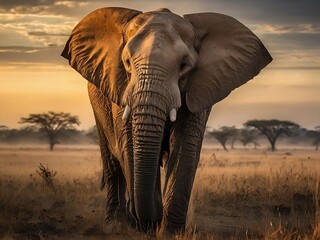 Portrait of african elephant in misty savannah.