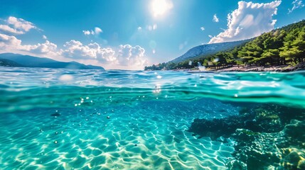 Wall Mural - Split underwater view with sunny sky and serene sea, ocean view