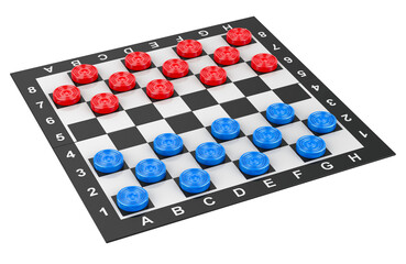 Poster - Checkers game board with blue and red pieces, 3D rendering isolated on transparent background
