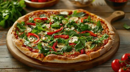 mouthwatering vegetarian pizza with fresh toppings on wooden table food photography