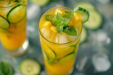 Wall Mural - Refreshing Mango and Cucumber Agua Fresca with Ice Cubes and Mint Leaves for a Hot Summer Day