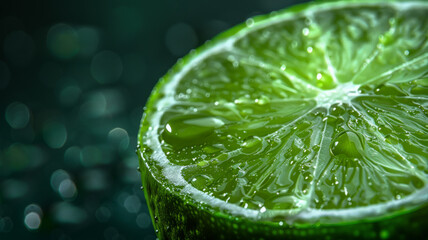 Wall Mural - Close-up of a fresh and juicy lime slice with water droplets.