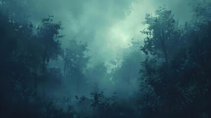 Poster - mysterious forest shrouded in thick fog moody atmospheric nature landscape digital painting