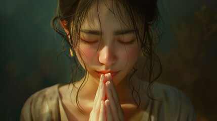 Wall Mural - Young woman in prayer with soft lighting