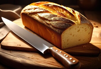 Wall Mural - shiny knife slicing golden bread loaf wooden table, cutting, food, bakery, crust, crusty, fresh, homemade, artisan, baked, delicious, snack, kitchen, utensil,