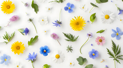 Poster - Meadow flower creative pattern Daisy cardamine dandelion scilla and viola flowers with leaves on white background Design element Springtime and summer concept Top view flat lay : Generative AI