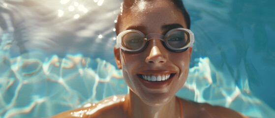 Close-up of a smiling person with goggles in the pool, enjoying the refreshing, clear water under bright sunlight, exuding joy and relaxation.