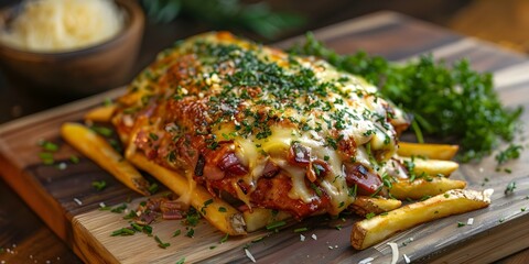 Wall Mural - Delicious Milanesa Dish with Ham, Cheese, Herbs, and Golden Fries - Professional Photo with Copy Space and Selective Focus. Concept Food Photography, Milanesa Dish, Golden Fries, Copy Space