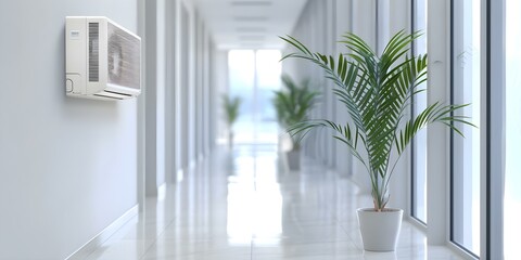 Wall Mural - Corporate office hallway featuring white air conditioner, potted plants, and large windows. Concept Corporate Office Decor, Interior Design, Office Hallway Aesthetics, Indoor Plants, Natural Lighting