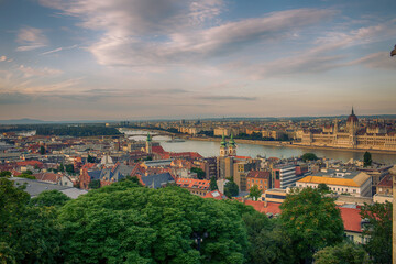 Budapest,Hungary - July 8,2023 : View of Budapest cityscape from Fisherman's bastion in the summer evening.